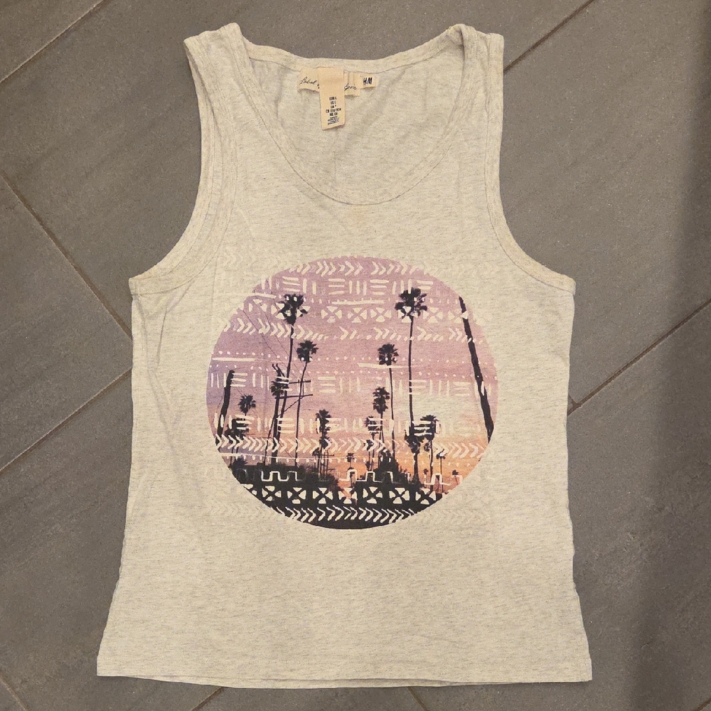 MEN'S H&M GREY GRAY Tank Top SHIRT WITH GRAPHIC DESIGN PALM TREES SZ S $30